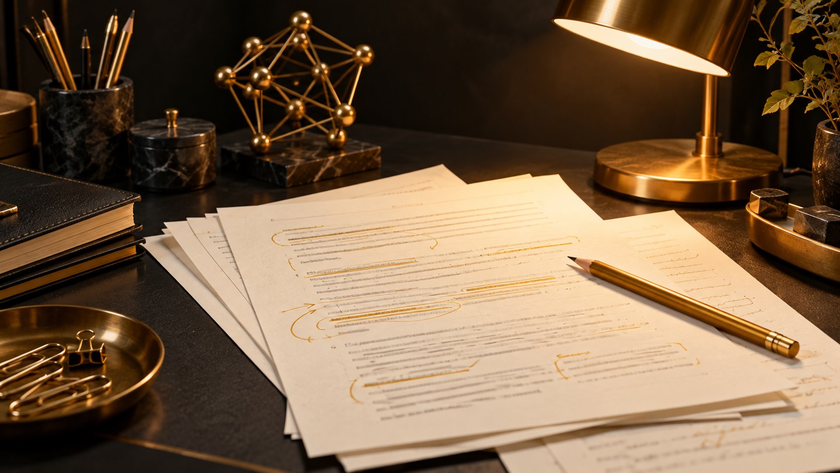 Editorial illustration of draft pages, a notebook and gold editing pencil on a dark desk