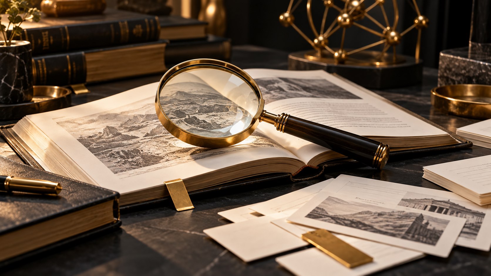 Editorial illustration of a gold magnifying glass over an open reference book and study notes