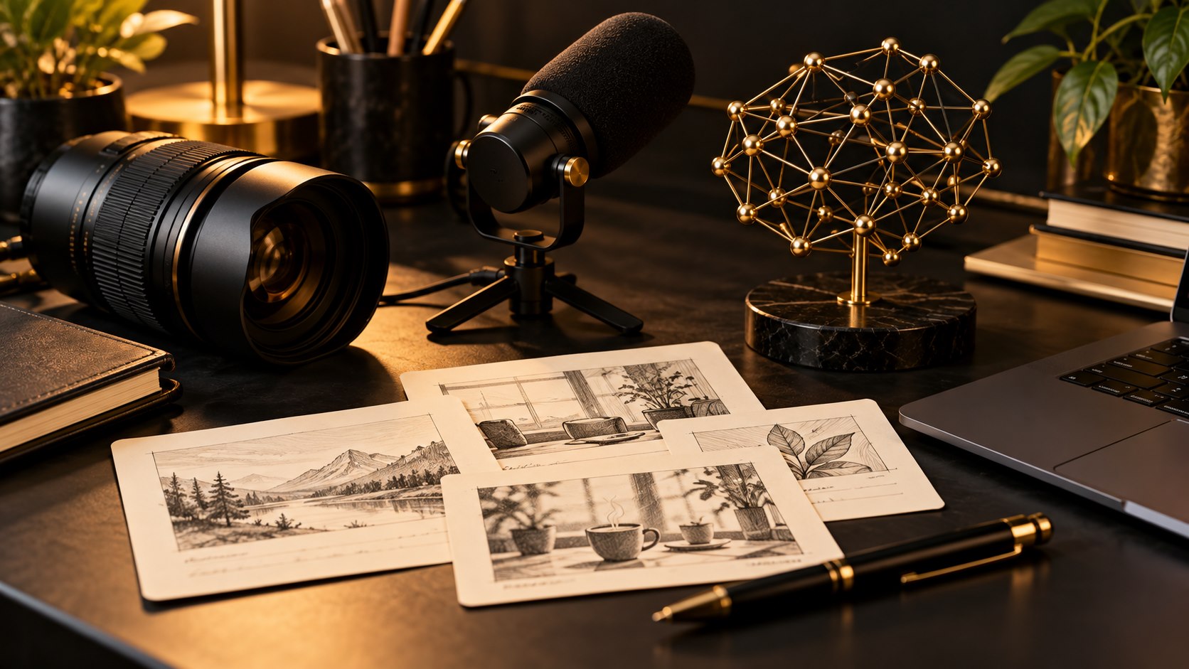 Editorial illustration of a camera, microphone, storyboard sheets and gold geometric sculpture