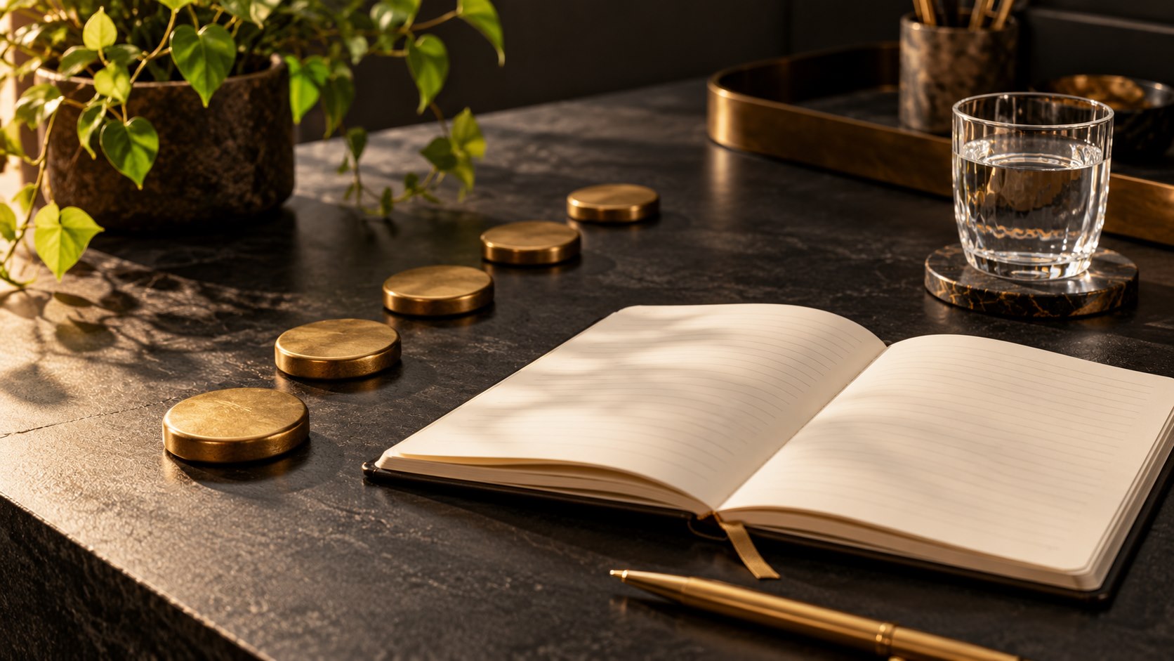 Editorial illustration of an open book and a sequence of gold markers on a quiet dark desk