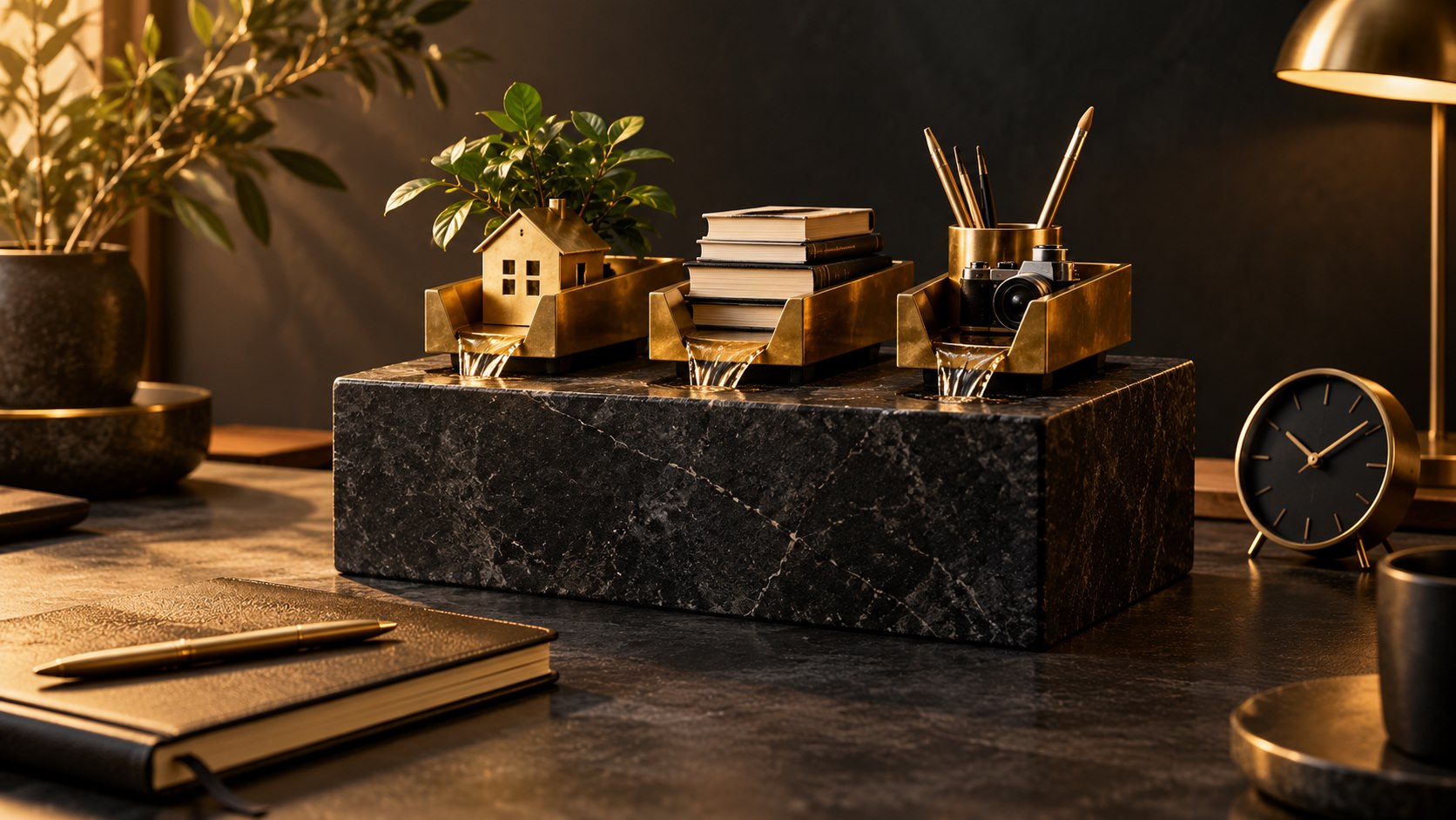 Editorial illustration of plain books, a small model house and gold objects on stepped dark platforms
