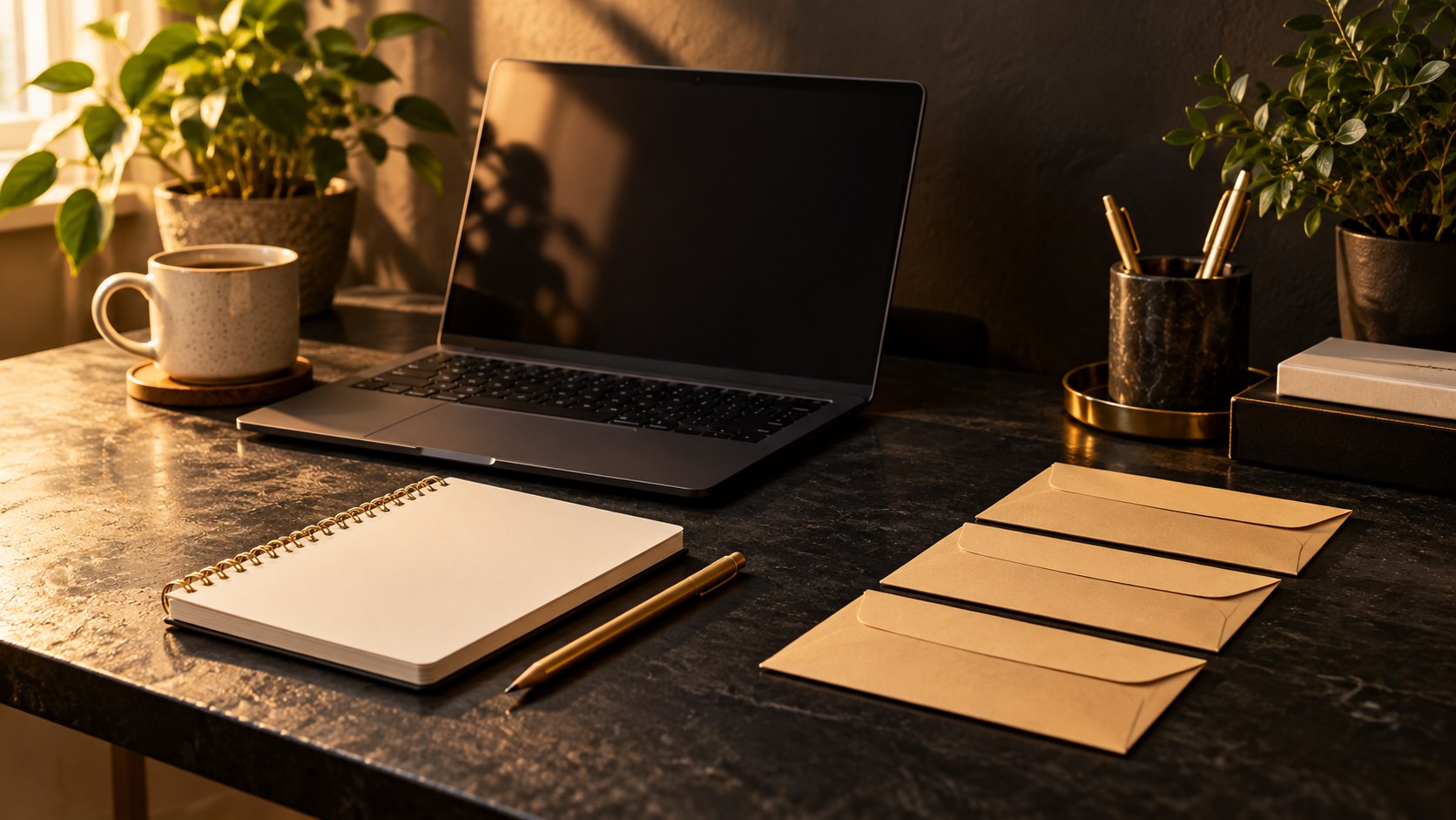 Editorial illustration of a blank notebook and planning cards beside a dark laptop on a black and gold desk