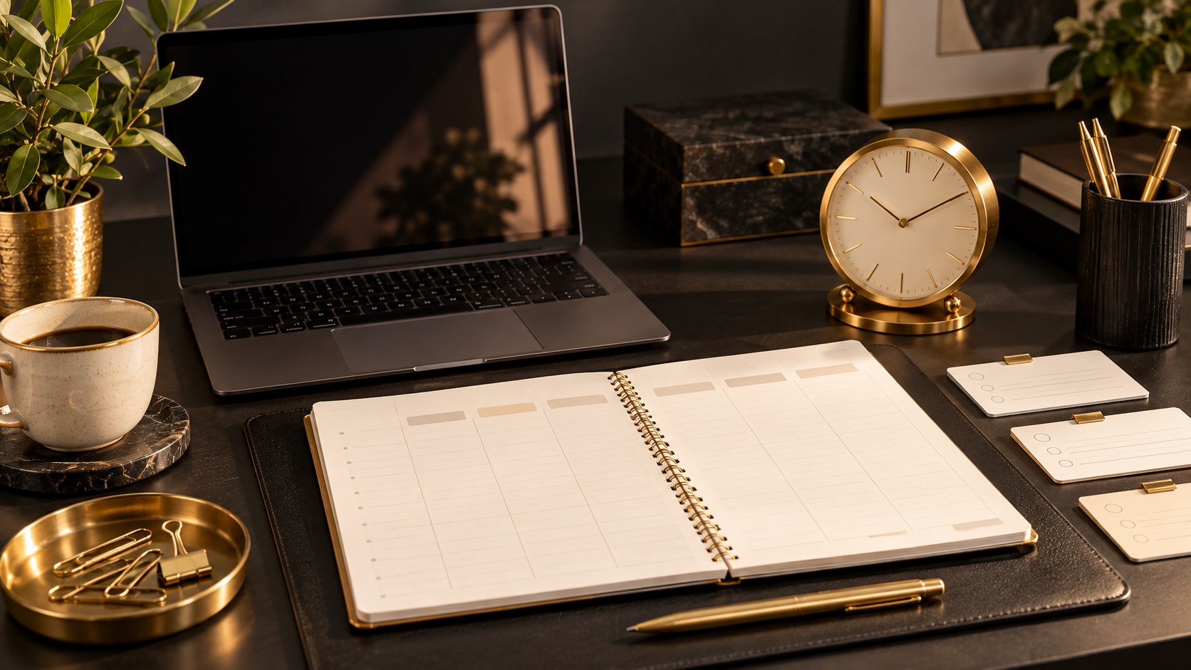 Editorial illustration of a weekly planner and gold desk clock beside a dark laptop