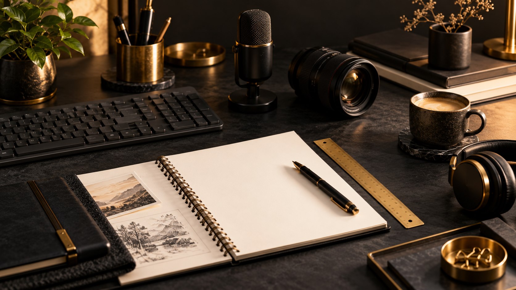 Editorial illustration of a camera, microphone and open notebook on a black and gold workspace